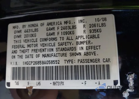 2009 Honda Accord 2.4 Ex-L z USA, uszkodzony, nr VIN 1HGCP26859A058552